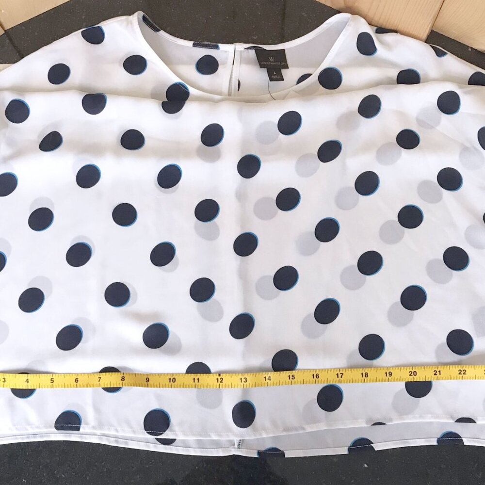 Worthington Flutter Cap Sleeve Round Neck Navy Polka Dot Blouse, Size L - Picture 12 of 15